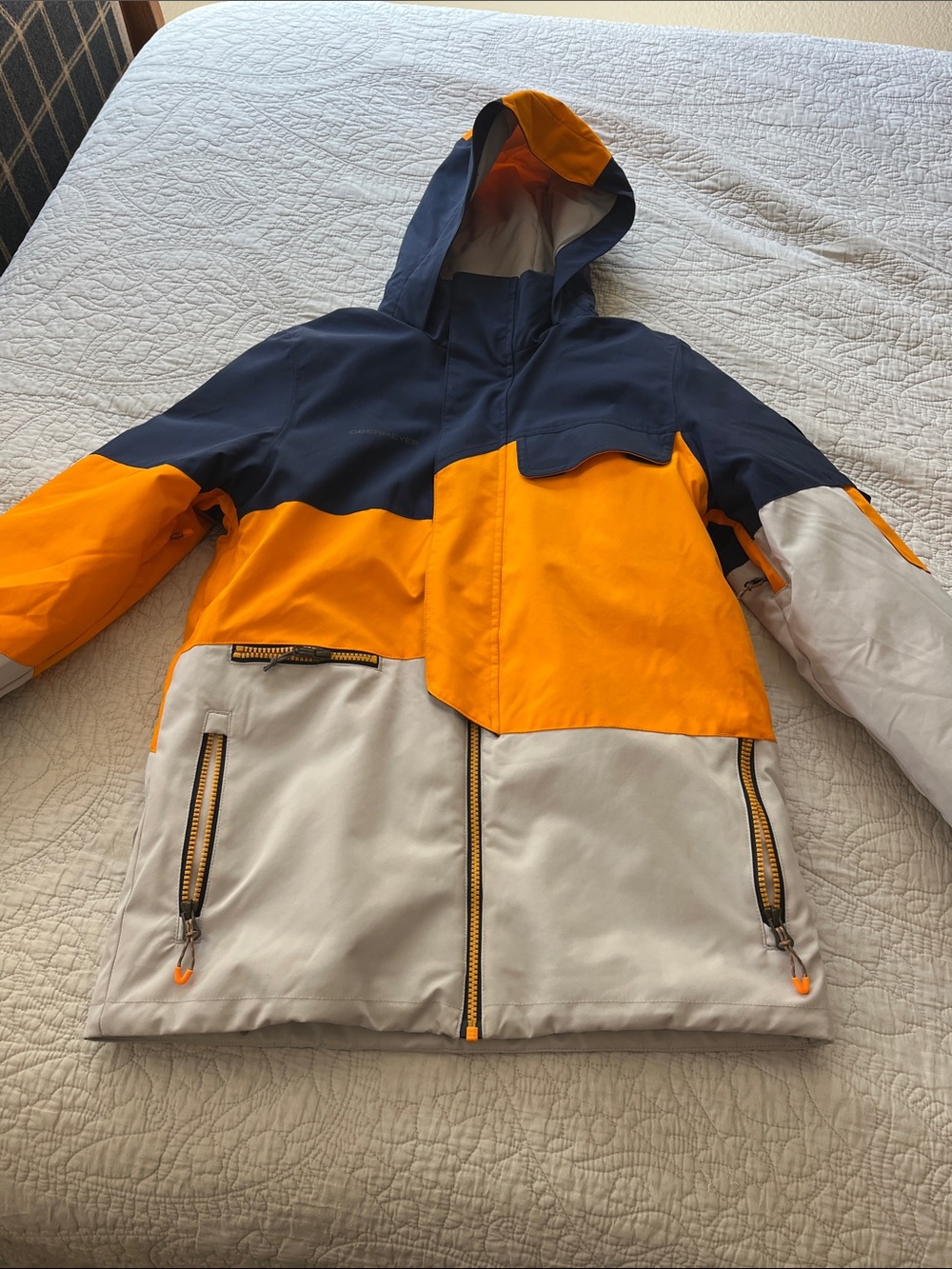 Obermeyer Hooded Winter Ski Jacket - Navy, Orange & Light Gray size Teen L 14-16